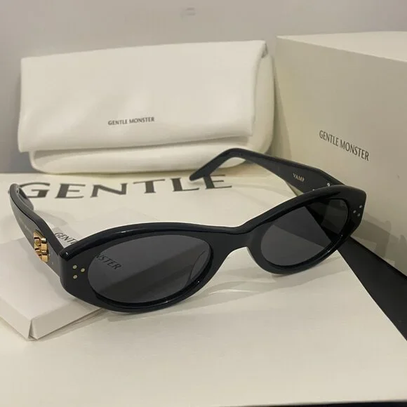 Gentle Monster Black Oval Sunglasses w/ Gold Logo Detail – Like New - Picture 5 of 11